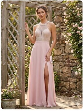 👗PromGirl blush Pink Beaded Halter Prom Gown